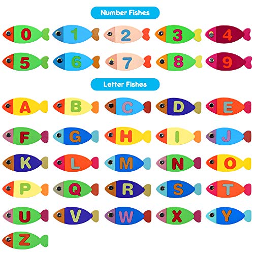 BeebeeRun Magnetic Wooden Fishing Game Toy for Toddlers - Alphabet Fish Catching Counting Preschool Board Games Toys for 3 4 5 Year Old Girl Boy Kids Birthday Learning Education Math with Magnet Pole - Thumbnail 5