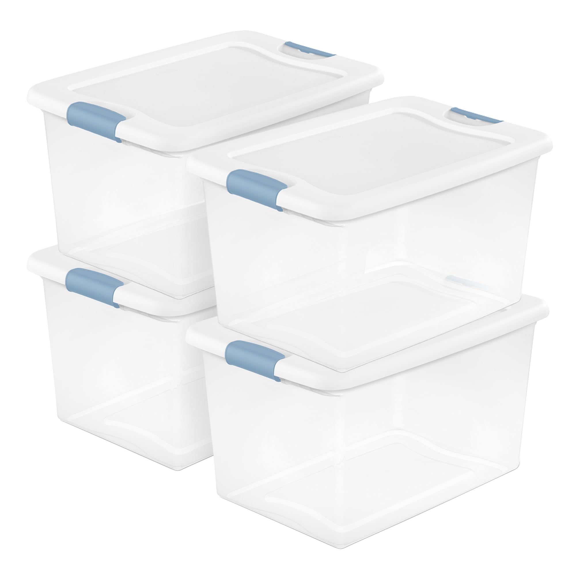 Sterilite 4-Pack 64 Quart Latching Box, Clear Plastic Storage Organizer Bins with White Lids - Large Stackable Containers for Home Bedroom, Dorm Room, and Closet Organization