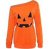 Niyage Women's Halloween Off Shoulder Sweatshirt Fun Pumpkin Face Slouchy Shirt Long Sleeve Pullover Tops