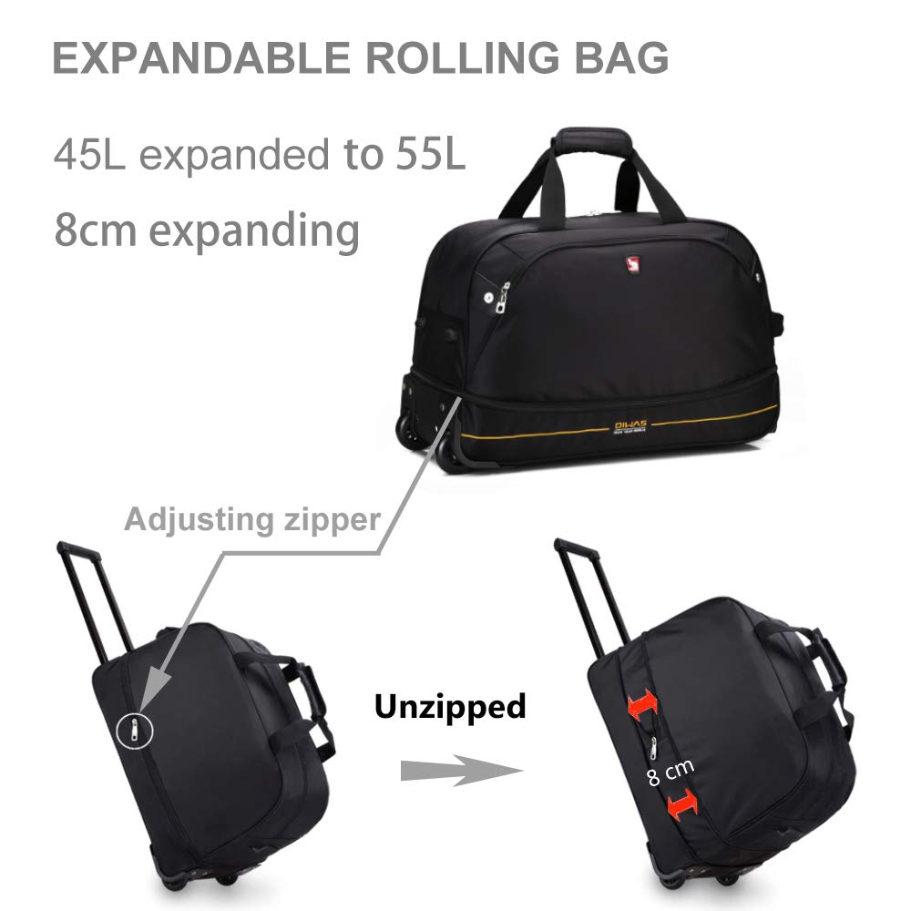 OIWAS Small Rolling Duffle Bag with Wheels Travel 22 inch Carry On Luggage Tote Unisex-Adult Short Term Trips Expandable 50L to 60L