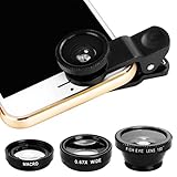 Universal 3in1 Cell Phone Camera Lens, with Fish Eye Lens, 2 in 1 Macro Lens, Wide Angle Lens, Universal Clip, Carry Pouch for Digital Camera, iPhone, Samsung and All Other Smartphones (Black)