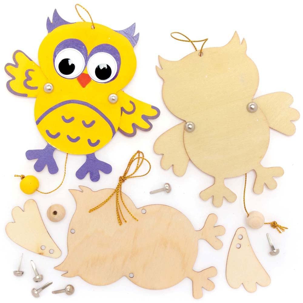 Baker Ross FE948 Owl Wooden Puppet - Pack of 5, Make Your Own Wooden Puppets, Puppets for Kids, Wooden Crafts for Kids to Assemble and Decorate