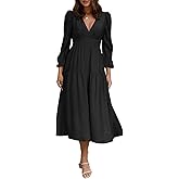 R.Vivimos Womens Casual Long Sleeve Midi Dress Deep V Neck Elastic Waist A-Line Tiered Flowy Elegant Dresses