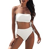 Pink Queen Women's 2 Piece High Waisted Bikini Sets Ribbed Bandeau Ruched Drawstring Swimsuit Bathing Suit