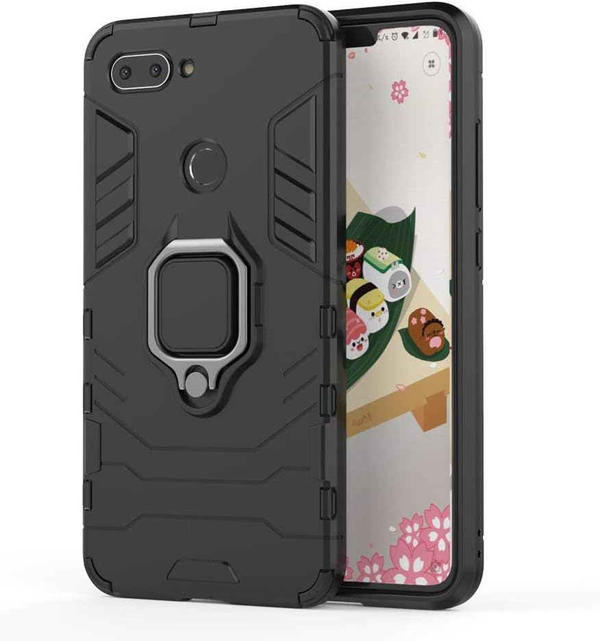 Xiaomi Mi 8 Lite Case, [2.0 Upgraded Version] Tough PC + TPU Soft Silicone Dual Layer Heavy Duty Armor Bumper Protective Cover Ring Kickstand [Plate for Magnetic Car Mount][Black]