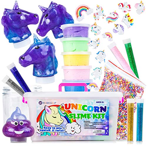 Unicorn Slime Kit for Girls - Kids Slime Kit with Fluffy Slime, Unicorn Slime, Charms, Emoji Slime, Floam Beads, Glitter Add Ins | DIY Rainbow Unicorn Slime Making Kit + Slime Accessories