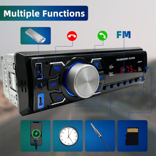 Car Radio Bluetooth 1 DIN – Car Radio with Remote Control/FM Radio/USB | Supports Hands-Free Calls/AUX-in/EQ/ Type-C Charging - 12V Car Stereo