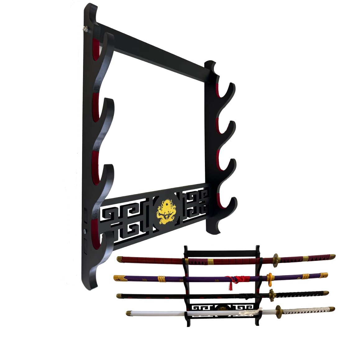 Z-fiber Sword Wall Mount Sword Holder Display Stand Padded Katana Wakizashi Genji and Samurai Swords Dragon Pattern,4 Tier — image 1