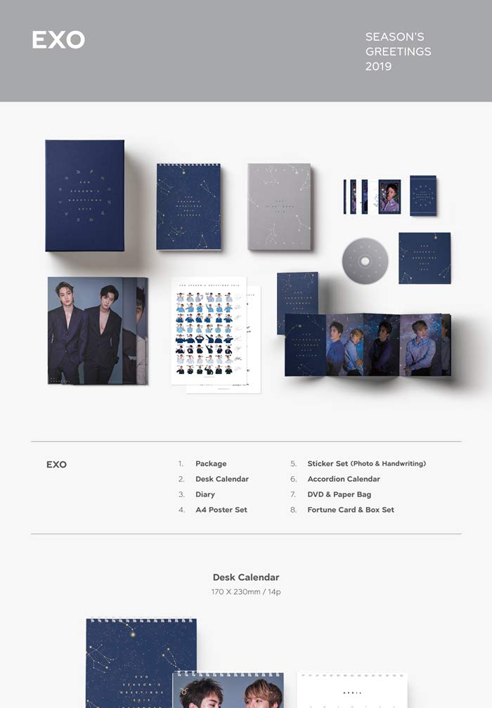 Amazon Com Exo 2019 Season S Greetings 1cd 13p Desk Calendar 120p Dairy A4 Poster Set 1 Set 18pcs Sticker Set 1 Set 2pcs 3ea Accordion Calendar Additional Item Tracking Number K Pop Sealed Music