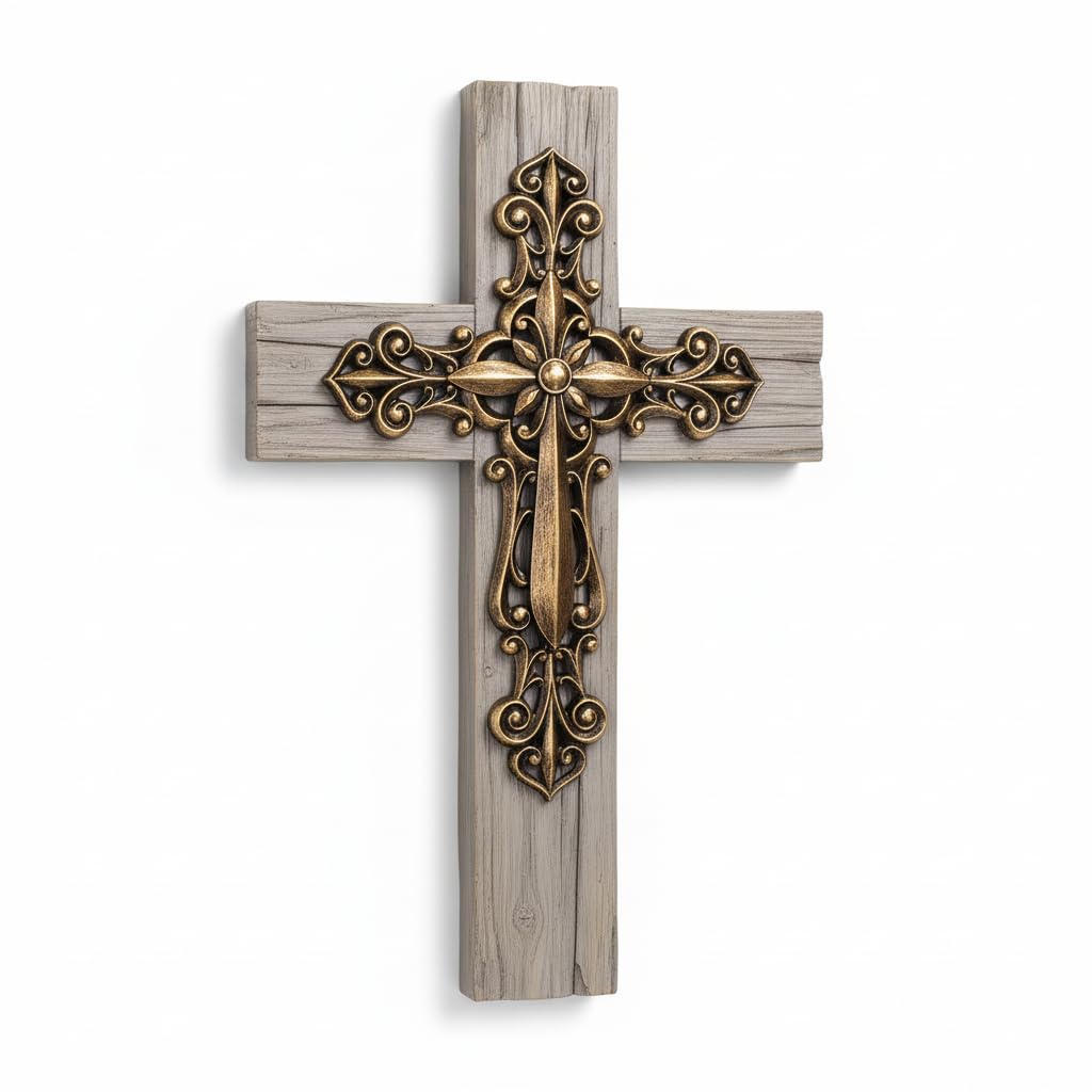 Photo 1 of Comfy Hour 13" Decorative Layered Wall Cross, Antique Style Copper Tone Cross on Rustic Wood Look Base, Artisan Crafted Resin Plaque for Home and Office Wall Art