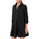 YEXPINE Women's Tunic Shirt Mini Dress Long Sleeve Cotton Short Dress Button Up Ruffle Hem Shift Dresses Flower, XX-Large, Black
