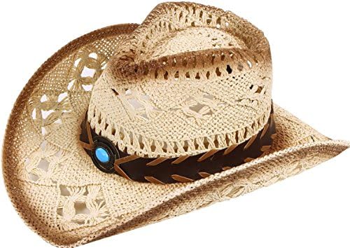 Halconia Men's Wide Brim Western Outback Vintage Cowboy Hat, Beige w/Blue Bead