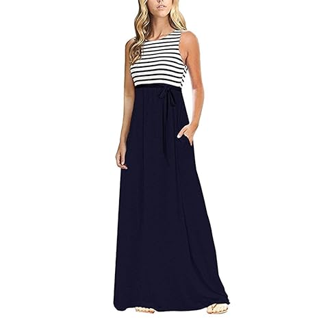 ESAILQ Damen Streifen-Sleeveless O-Ansatz-Tasche beiläufiges Strand-langes Maxi Kleid
