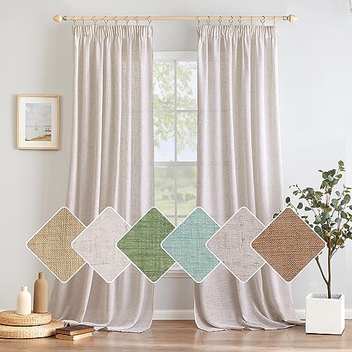 Woaboy Linen Curtains with Frunction Tape Curtains Bedroom Window Translucent Modern Curtains for Living Room Bedroom 2 Pieces 140 x 260 cm White