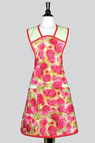 Womens Vintage Style Retro Apron in Feminine Rose Pink and Lime Green Floral Kitchen Apron
