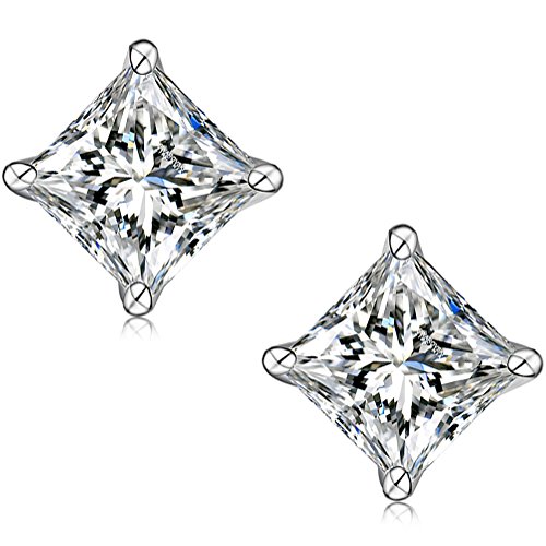 AllenCOCO Sterling silver Rhodium Plated Princess Cut Swarovski Simulated Diamond CZ Stud Earrings