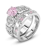 Auwer Rings, 2-in-1 Womens Vintage White Diamond Silver Engagement Wedding Band Ring Set (US Size 9, Pink)