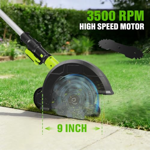 Cordless Lawn Edger, 20V Battery Powered Edger for Lawns Sidewalk | 2 x 2.0 Ah Batteries & Fast Charger 9 Inch Blade Dual Wheels 3500 RPM 400W Motor Edger with 3 Depth Settings for Driveway