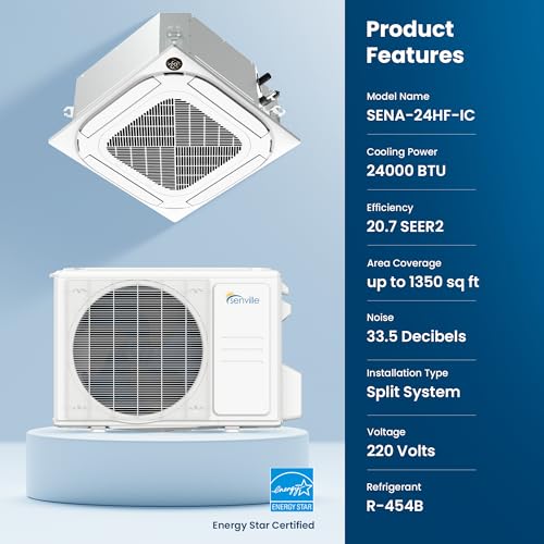 Senville 24,000 BTU Ceiling Cassette Mini Split AC Heat Pump, 18000 BTU, 208/230V, Inverter