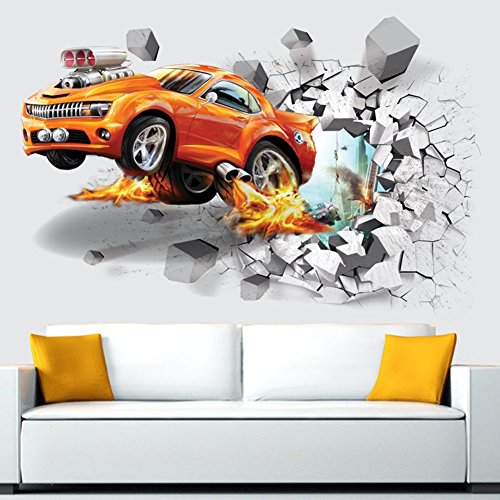 Catnew Fashion 3D Self-adhesive Car Break Through the Removable Wall Stickers Decals Room Bedroom Livingroom Decor