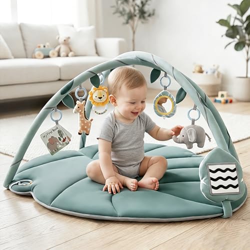Vanplay Play Mat for Babies with 6 Toys, Crawling Mat with Play Arch and Sensory Toys, Play Mat with Baby Book High Contrast