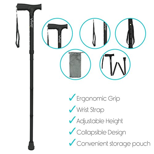 Vive Folding Cane - Foldable Walking Cane for Men, Women - Fold-up, Collapsible, Lightweight, Adjustable, Portable Hand Walking Stick - Balancing Mobility Aid - Sleek, Comfortable