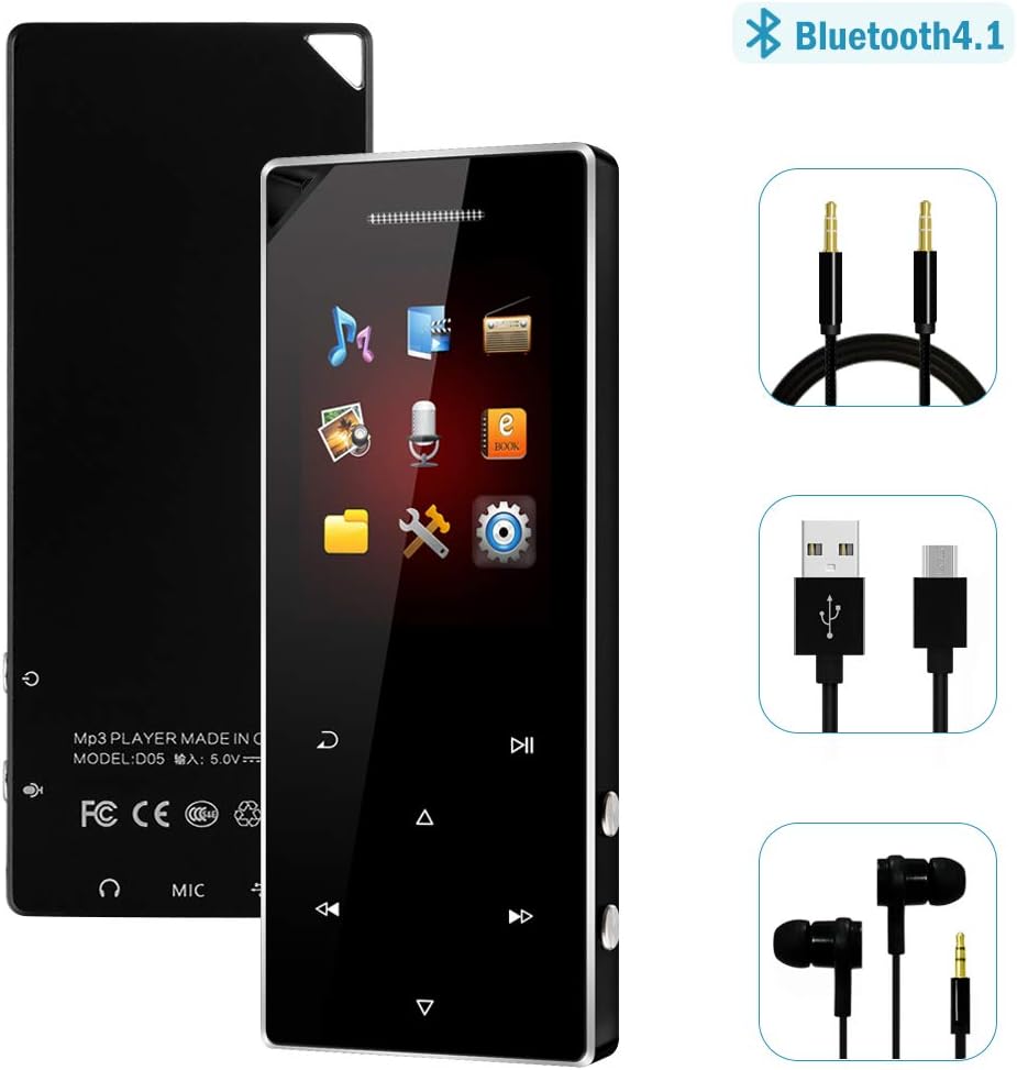 MP3 Player - HonTaseng Portable Sport Bluetooth 4.1 Metal Music Player With Touch Button, Up To 60 Hours Playback Time With Armband, Lossless Sound With Voice Recorder And FM Radio, Expandable 64GB TF Card (C05black)