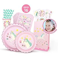 Hugo & Emmy Unicorn Birthday Party Supplies Set for Girls - Includes Plates, Cups, Napkins, Straws, Favor Bags and Tattoos - 128 Pieces (Serves 16)