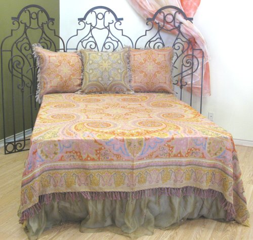 Luxurious Merino Wool "Kalam" Paisley Bedspread Bedcover Coverlet 98" Square Gold Red King Reversible