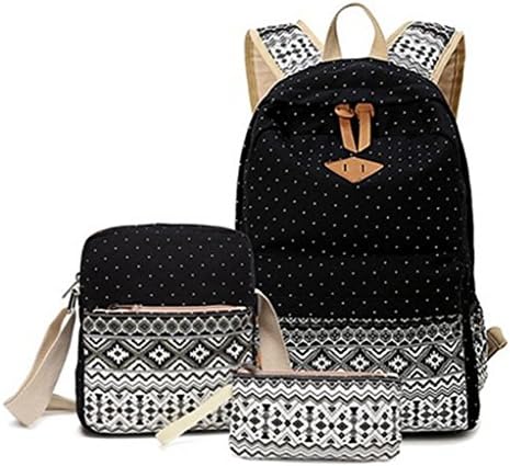 Genlife Cute Lightweight Teen Girls Canvas Dot Backpacks School Shoulder Bags (Black)