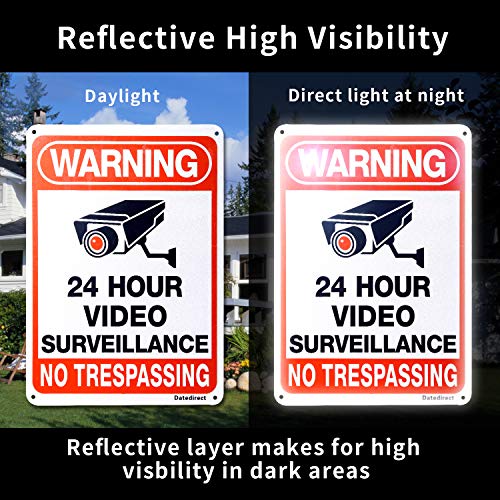 DateDirect 4-Pack Video Surveillance Sign，No Trespassing Metal Warning Aluminum Security Signs with 4 Stickers 10"x 7" 0.40 for Home Business CCTV Security Camera,UV Protected & Waterproof - Thumbnail 4