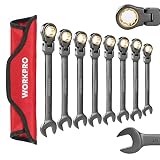 WORKPRO 8-piece Flex-Head Ratcheting Combination Wrench Set, Cr-V Constructed, Nickel Plating with Organizer Bag