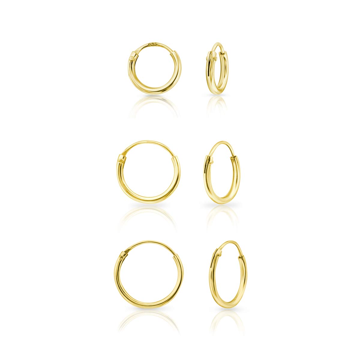 Set of 3 Small Hoop Earrings 925 Sterling Silver 24K Gold Plated - Huggies for Women & Men - Hypoallergenic Sleeper Earrings for Cartilage, Helix or Second Piercing- 8,10,12 mm - Thin 1.5 mm