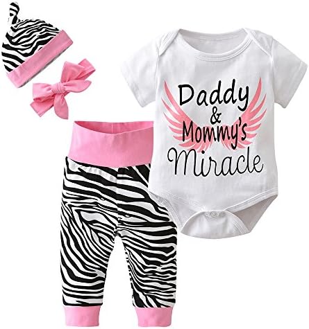 Derouetkia 4Pcs Baby Girls Clothes White Letters Short Sleeve Bodysuit Tops+Zebra Pants+Hat+Headband Outfit Set