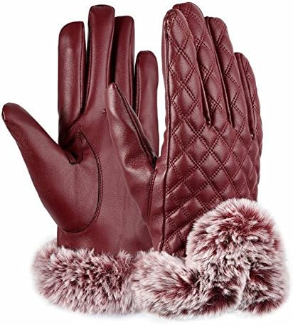 Neonr Womens Leather Gloves Fashion Full Finger Touch Screen Gloves Winter Warm Mittens (Red wine)