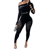 JIVENORTE Women's Sexy Long Sleeve Jumpsuit, One Shoulder Sexy Bodycon Jumpsuit See Through Mesh Party Club Outfit