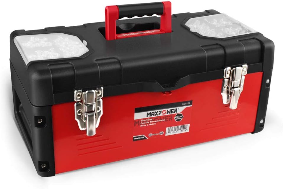 MAXPOWER Tool Box 17" Plastic and Metal Portable Organizer Tool Box for Tool or Craft Storage,Locking Lid and Extra Storage