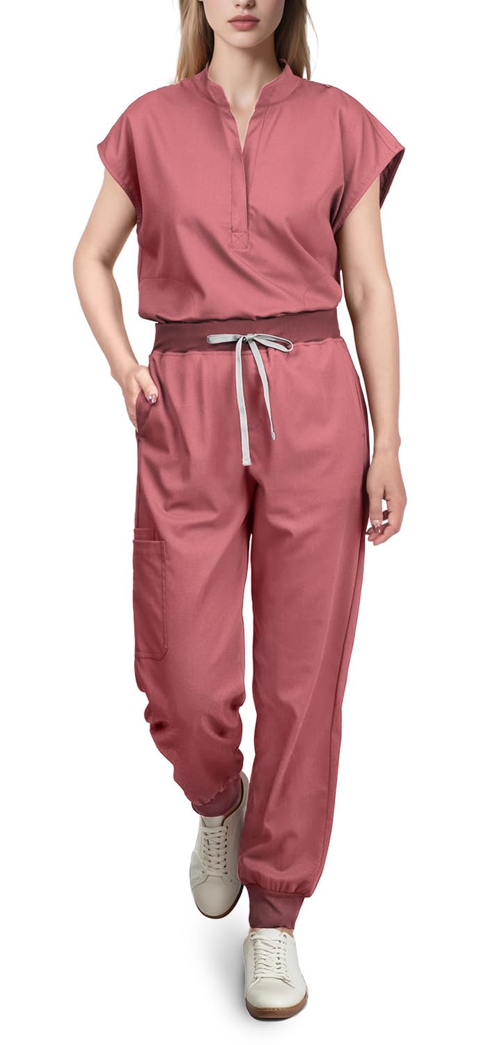 Photo 1 of Eadflie Scrubs for Women Set - with Sleeveless Stand-Up Collar Scrub Top & Jogger Scrub Pants, Cool Stretch, Comfortable & Breathable Nurse Uniform, 8-Pocket Design - [Flesh Pink/S]