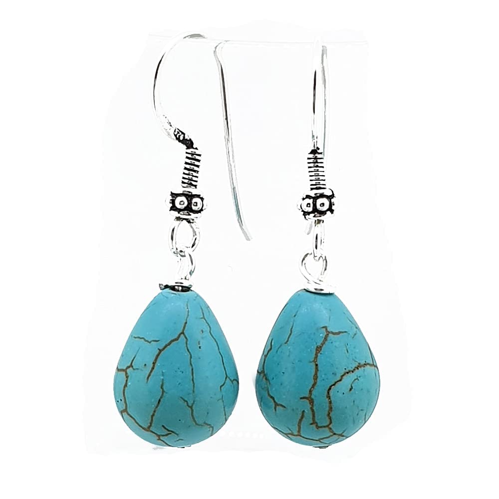 TreasureBay Gorgeous Teardrop Natural Gemstone Earrings Inlaid in 925 Sterling Silver, Women's Gemstone Earrings (Blue Turquoise)