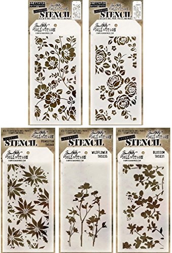 Tim Holtz - Stencils Set 10 ("Flowers") - Five Item Bundle - Roses, Floral, Blossom, Poinsettia, and Wildflower