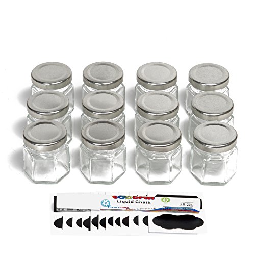 Hexagon Glass Jars by Nellam - 1.5oz, 12 Pack. Includes 24 Chalk Sticker Labels and 2x Chalk Pen. DIY Jars for Canning, Party Favors, Jams, Sauces, Herbs, Spices. (Silver Lid - 12 Pcs)