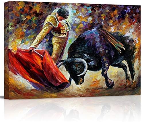 applebless Canvas Oil Painting Spanish Bullfighter and Bull Wall Art Compete Sports Red Cloth Picture Prints for Living Room Home Decor, Ready to Hang - 20x24 inches