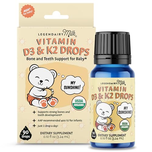 Legendairy Milk Organic Baby Vitamin D3 K2 Liquid Drops, 400 IU of Baby Vitamin D Drops for Infants with K2 Drops, Vitamin D Drops for Newborns, Toddlers, and Kids, Vegan, 90 Drops Liquid
