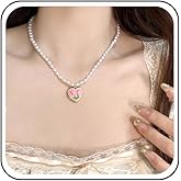 Andelaisi Boho Pearl Choker Necklace Vintage Imitation Pearl Necklace Choker White Resin Heart Flower Pendant Necklace Minimalist Station Pearl Necklace Jewelry for Women