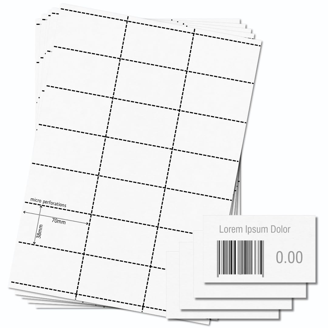 OfficeGear Shelf Edge Barcode Price Ticket Labels 21-up [25 Sheets - 525 Pack] 38x70mm Custom Printable A4 120gsm Card Micro-Perforated Non-Adhesive Merchandise Tag Includes Design Template