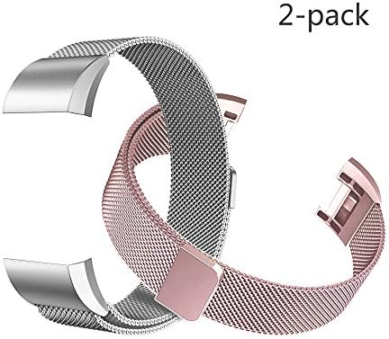 Tecson Small Bands Compatible Fitbit Charge 2, 2PCS Milanese Metal Stainless Steel Replacement Wristband with Magnet Lock for Fitbit Charge 2, Rose Pink and Silver