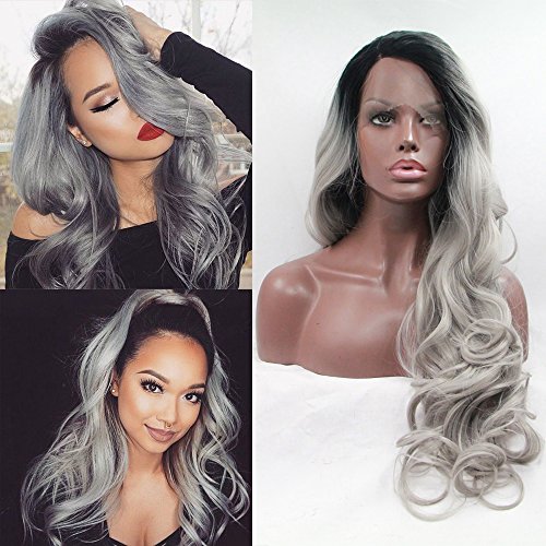 Fennell Fashion Ombre Silver Grey Body Wave Synthetic Lace Front Wig Glueless Long Natural Dark Root Gray Heat Resistant Hair Wigs For Women