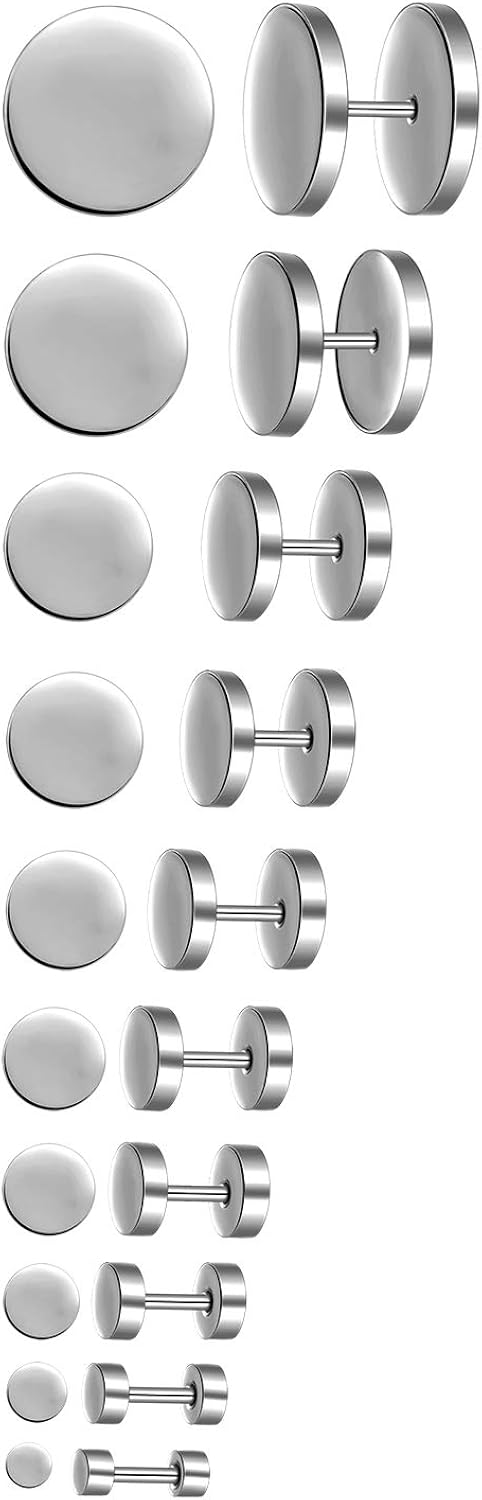 MicVivien 10 works Stainless Steel Fake Plugs Black Screw Studs Earrings Set for Men and Women Diameter 3-14MM (5 Colors Option)