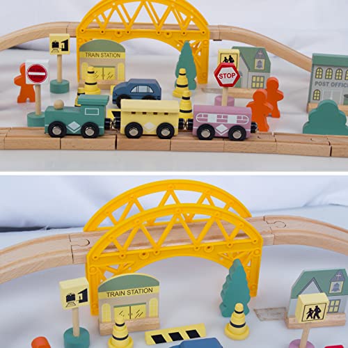 60Pcs Train Set for 3 Year Old Boys, DoubleSide Wooden Train Set