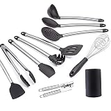 Kitchen Utensil Set Stainless Steel 11Piece - Cooking Utensils Set with Holder Nonstick Cookware (Silicone Head), BPA Free, Non Toxic Turner Tongs Spatula Spoon Set - Chef's Hand